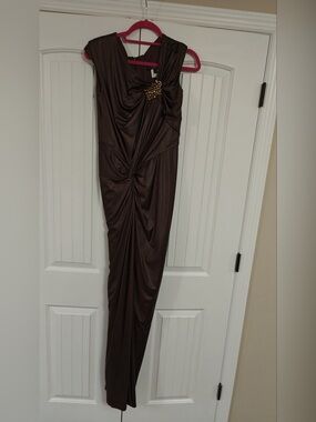 Tadashi Shoji Brown Ruched Maxi dress with Jeweled Brooch